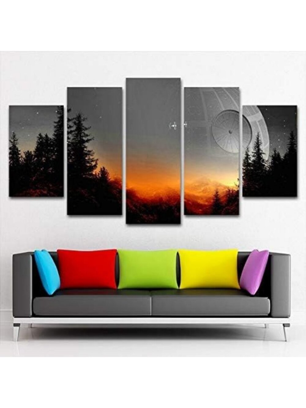 Framed 5-Piece Modular Canvas Wall Art Set - Star Wars Tree & Death Star Decor